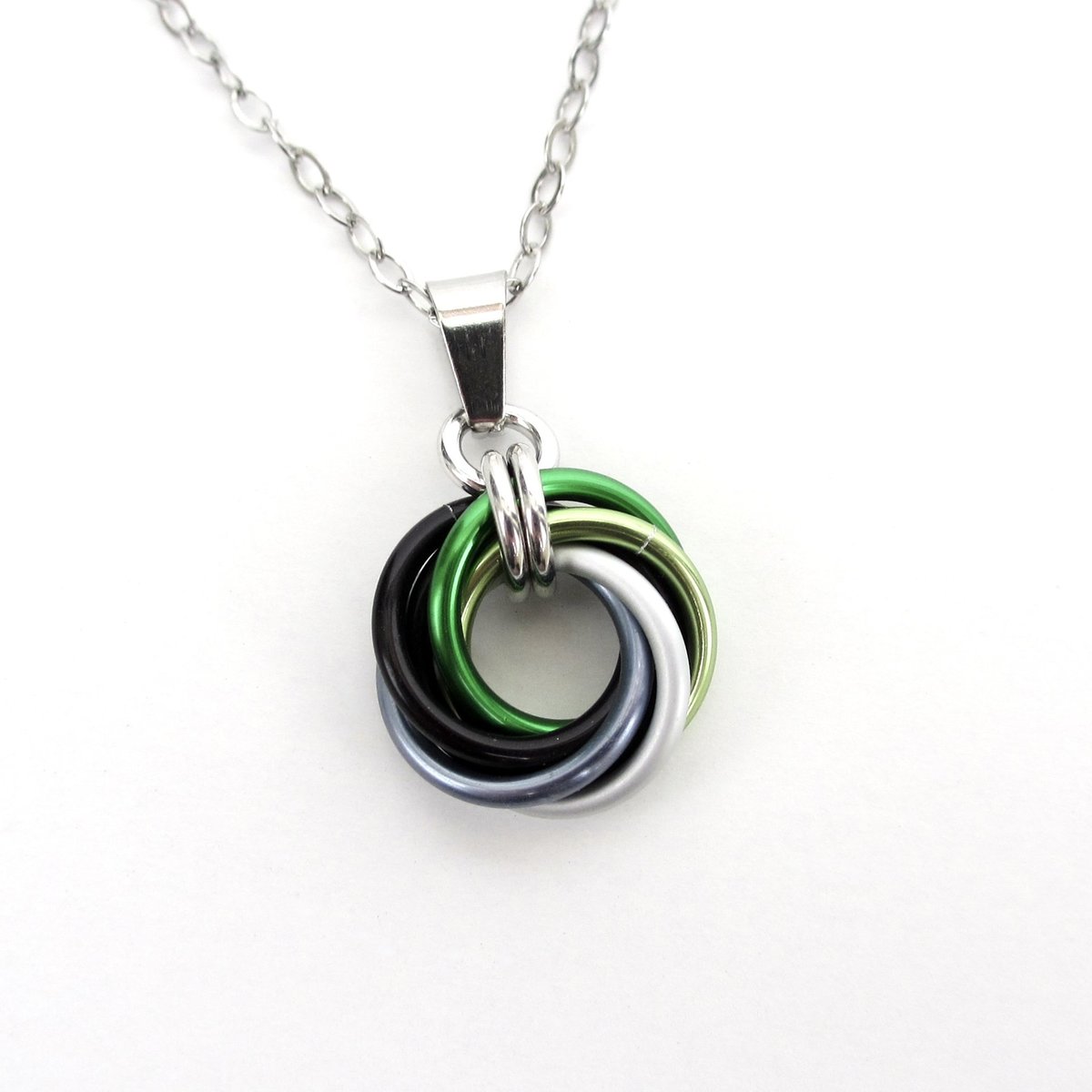 Aromantic pride pendant necklace, chainmail love knot, LGBTQ pride jewelry