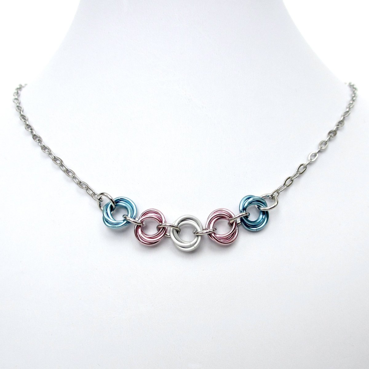 Transgender pride necklace, LGBTQ jewelry, chainmail trans pride love knot necklace