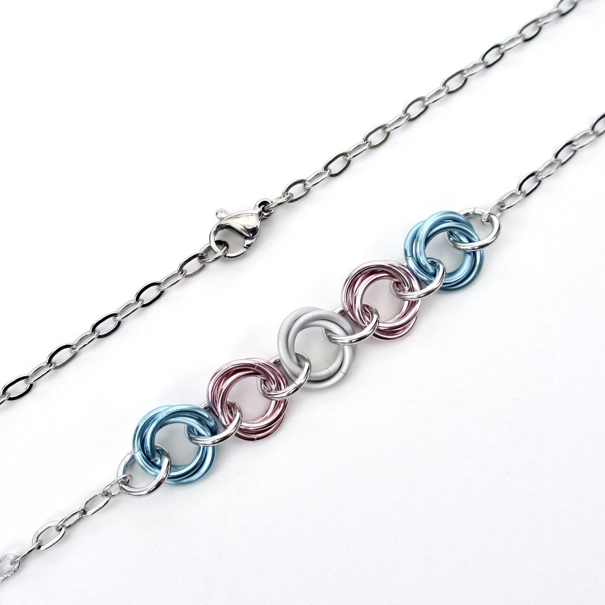 Transgender pride necklace, LGBTQ jewelry, chainmail trans pride love knot necklace