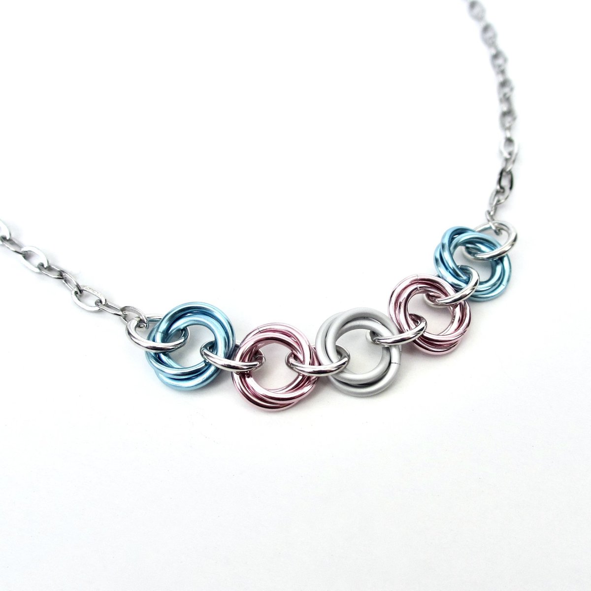 Transgender pride necklace, LGBTQ jewelry, chainmail trans pride love knot necklace