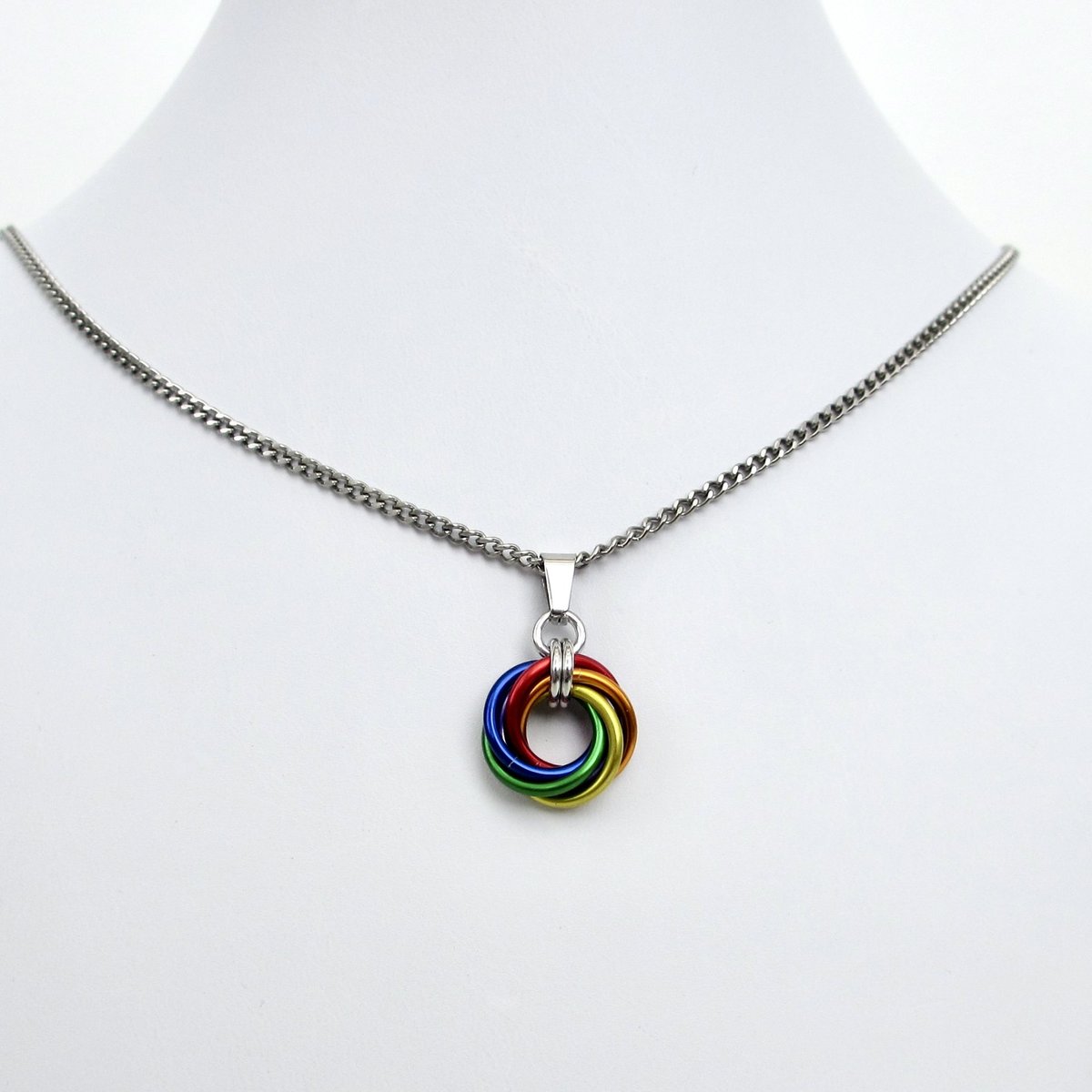 Gay pride pendant necklace, chainmail love knot, rainbow LGBT jewelry