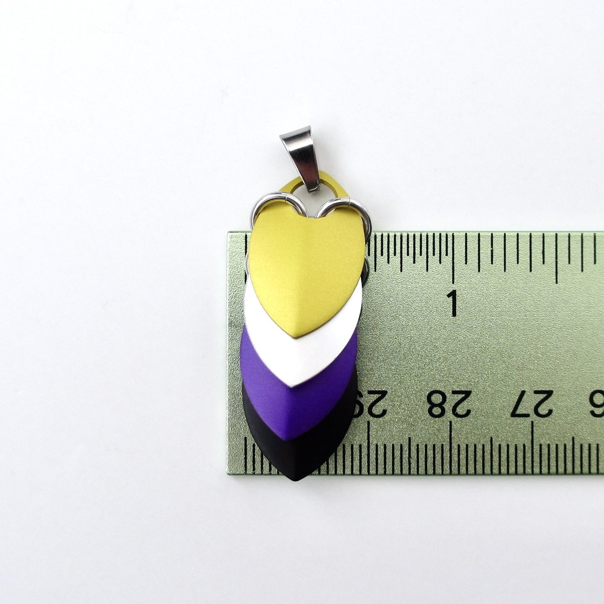 Nonbinary pendant necklace, chainmail scale pendant, pride jewelry; yellow, white, purple, black