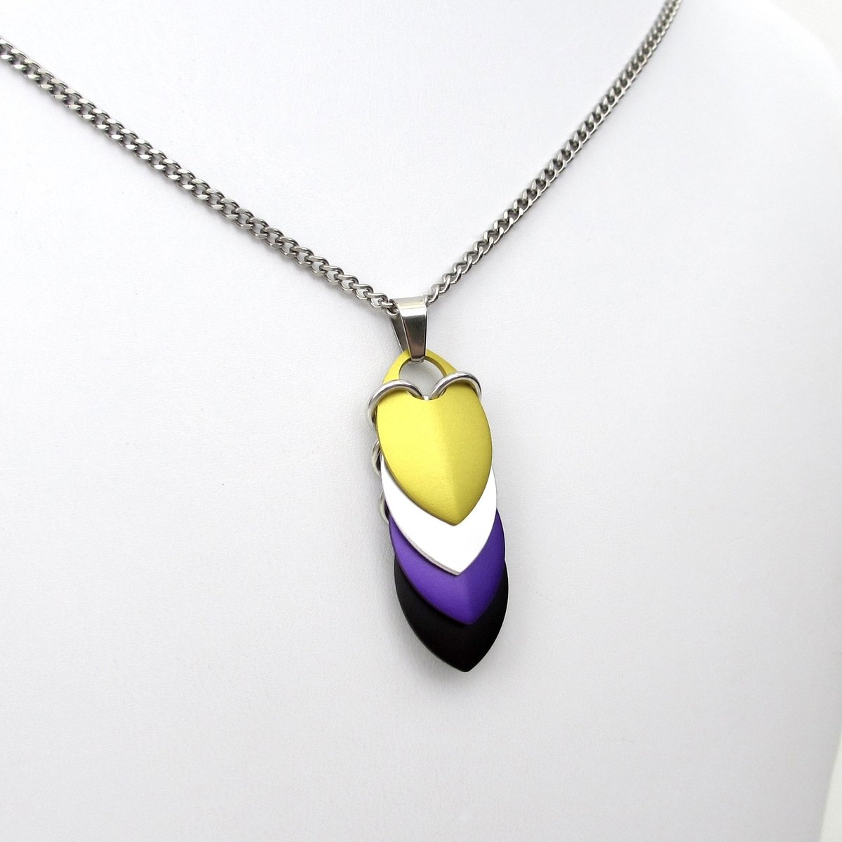 Nonbinary pendant necklace, chainmail scale pendant, pride jewelry; yellow, white, purple, black