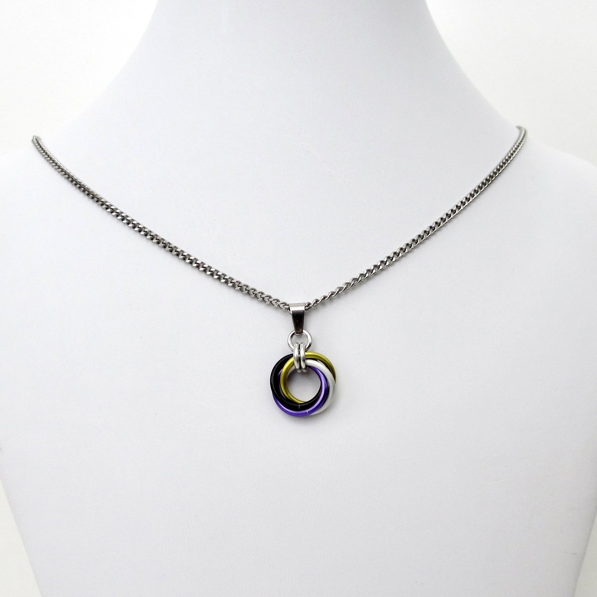 Nonbinary pendant, chainmail love knot necklace; yellow, white, purple, black