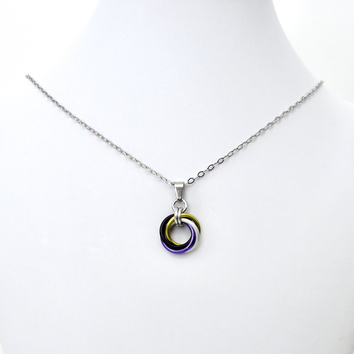 Nonbinary pendant, chainmail love knot necklace; yellow, white, purple, black