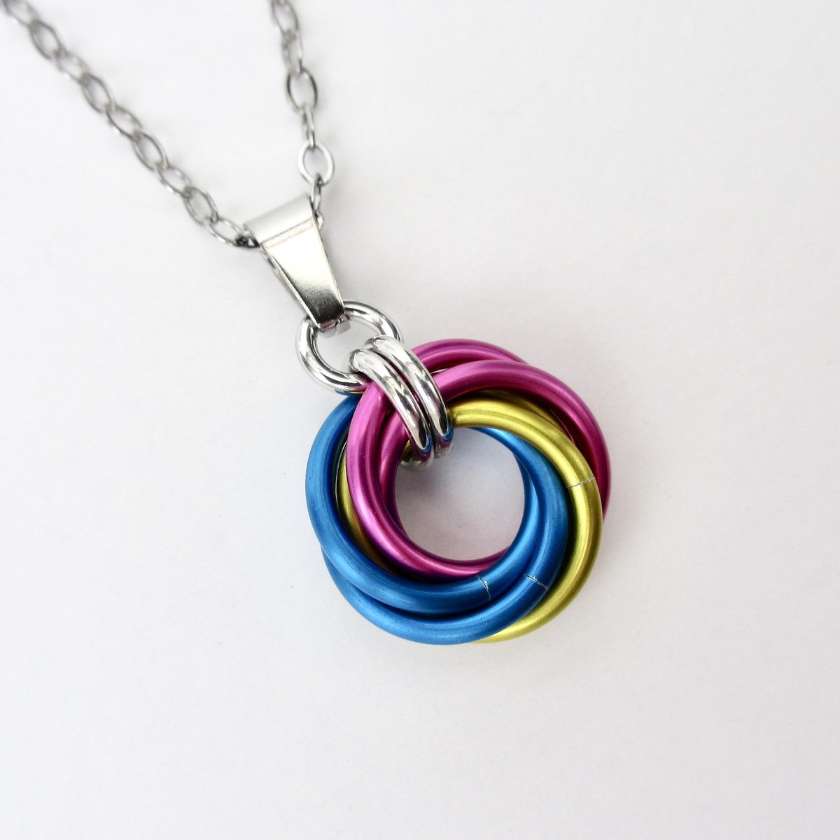 Pansexual pride pendant necklace, chainmail love knot, pan pride jewelry, pink yellow blue