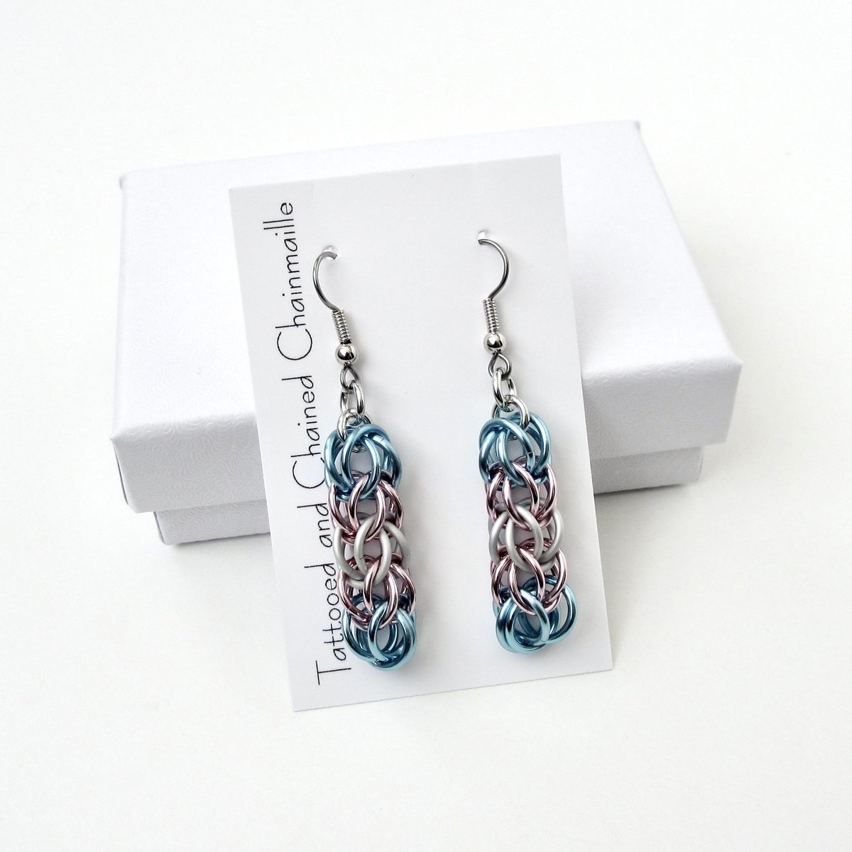 Transgender pride earrings, trans pride jewelry, chainmail earrings, full Persian chainmail weave; pink, white, light blue