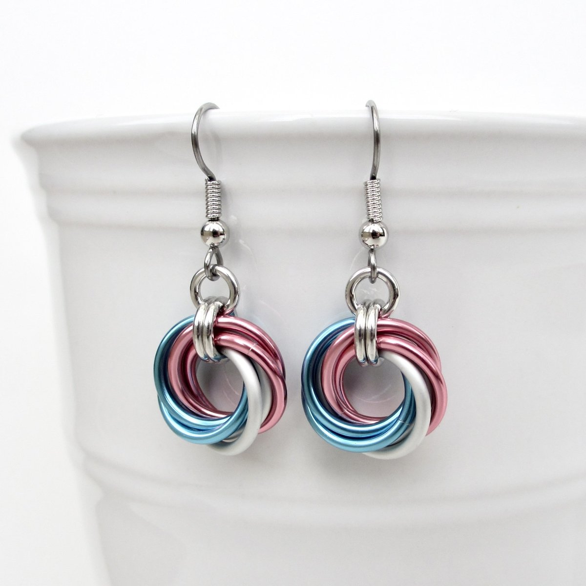 Transgender pride earrings, love knot chainmail trans pride jewelry; pink, white, blue