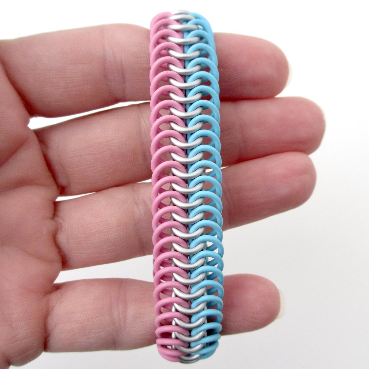 Transgender pride bracelet, stretchy chainmail bracelet, trans pride jewelry, pink, white, light blue rubber bracelet