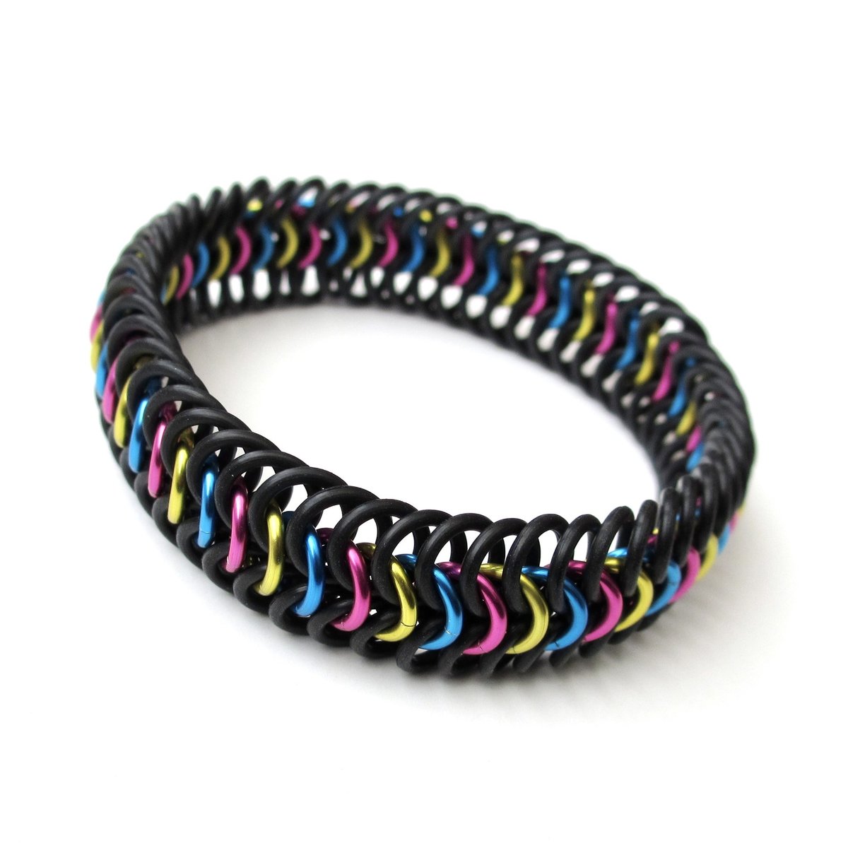 Pansexual pride bracelet, pan pride jewelry, chainmail stretchy bracelet in pink, yellow and blue