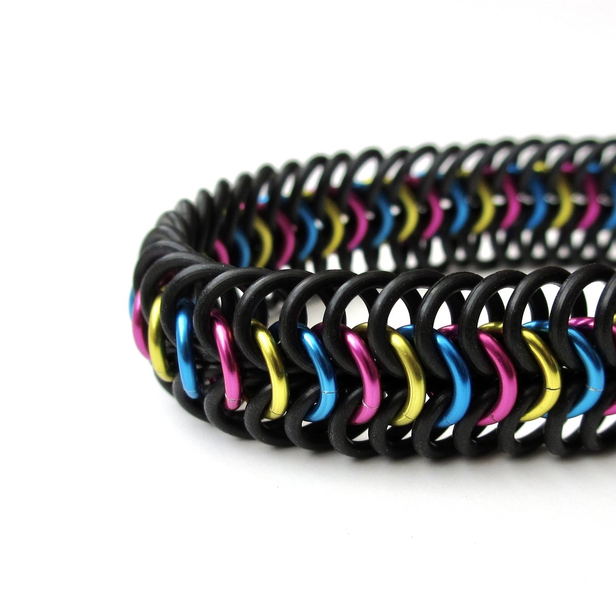 Pansexual pride bracelet, pan pride jewelry, chainmail stretchy bracelet in pink, yellow and blue