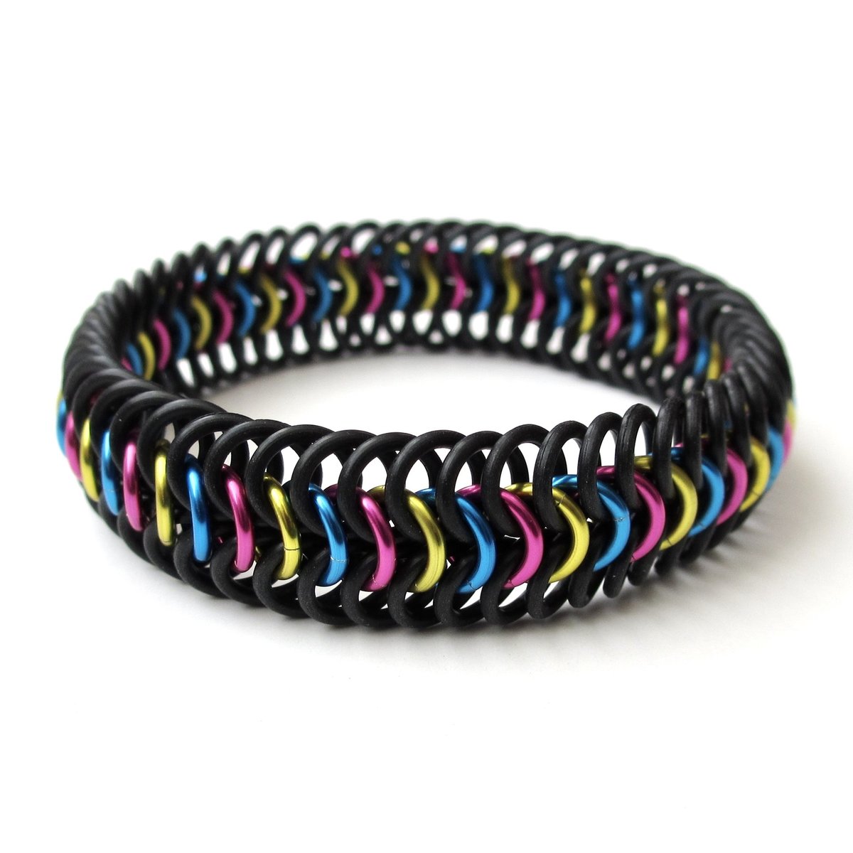Pansexual pride bracelet, pan pride jewelry, chainmail stretchy bracelet in pink, yellow and blue