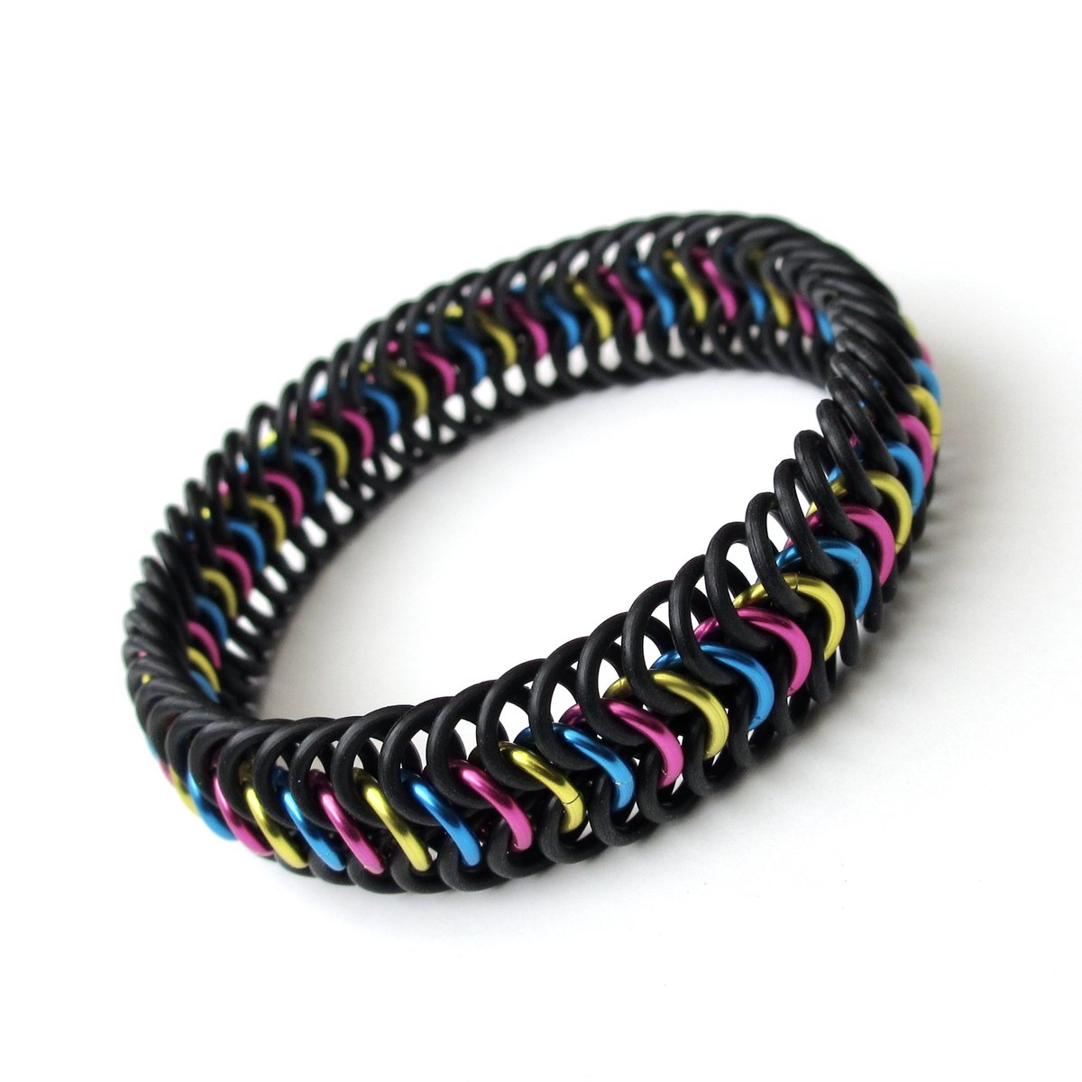 Pansexual pride bracelet, pan pride jewelry, chainmail stretchy bracelet in pink, yellow and blue