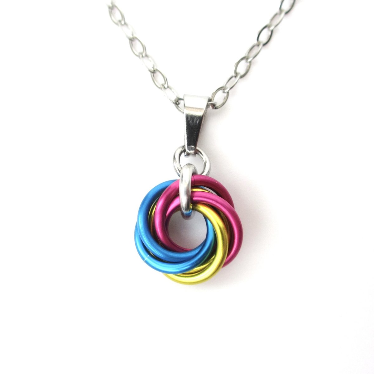 Pansexual pride pendant, TINY chainmail love knot, pan pride jewelry