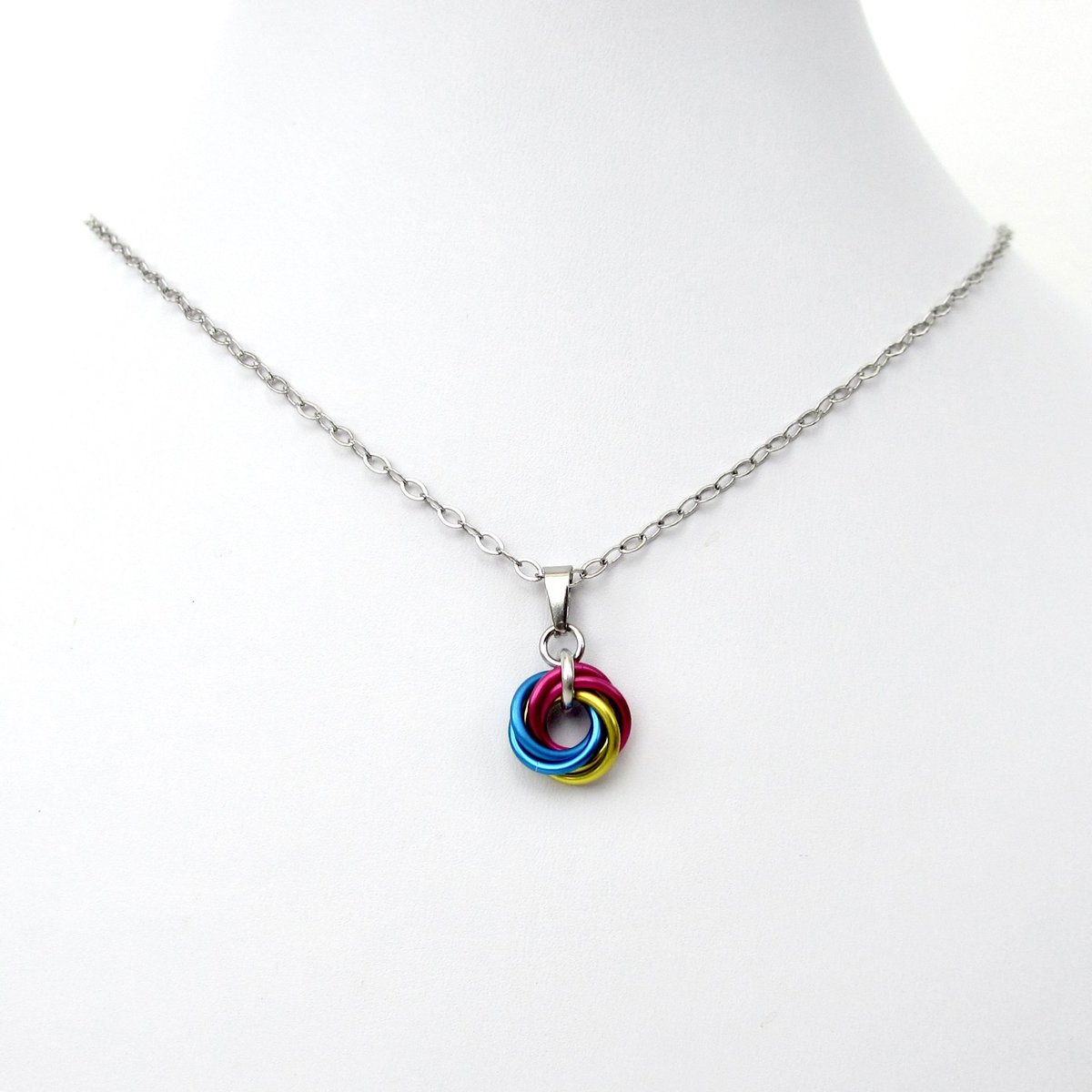 Pansexual pride pendant, TINY chainmail love knot, pan pride jewelry