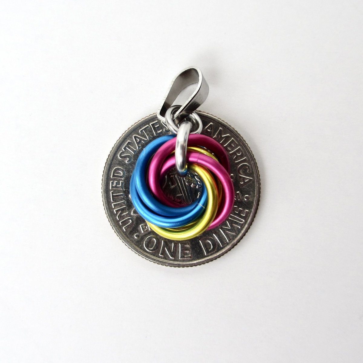 Pansexual pride pendant, TINY chainmail love knot, pan pride jewelry