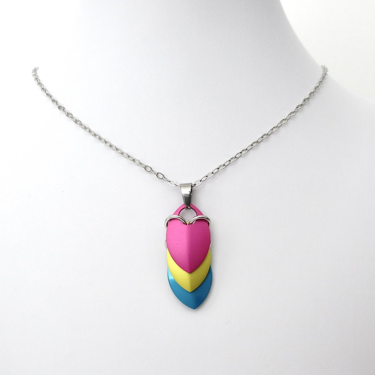 Pansexual pride pendant necklace, chainmail scale pendant, pan pride jewelry, pink yellow blue