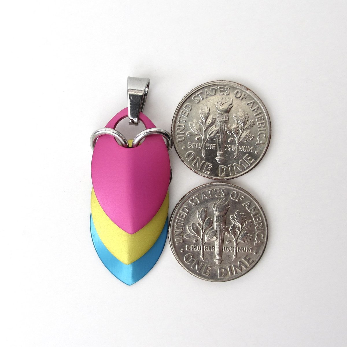 Pansexual pride pendant necklace, chainmail scale pendant, pan pride jewelry, pink yellow blue