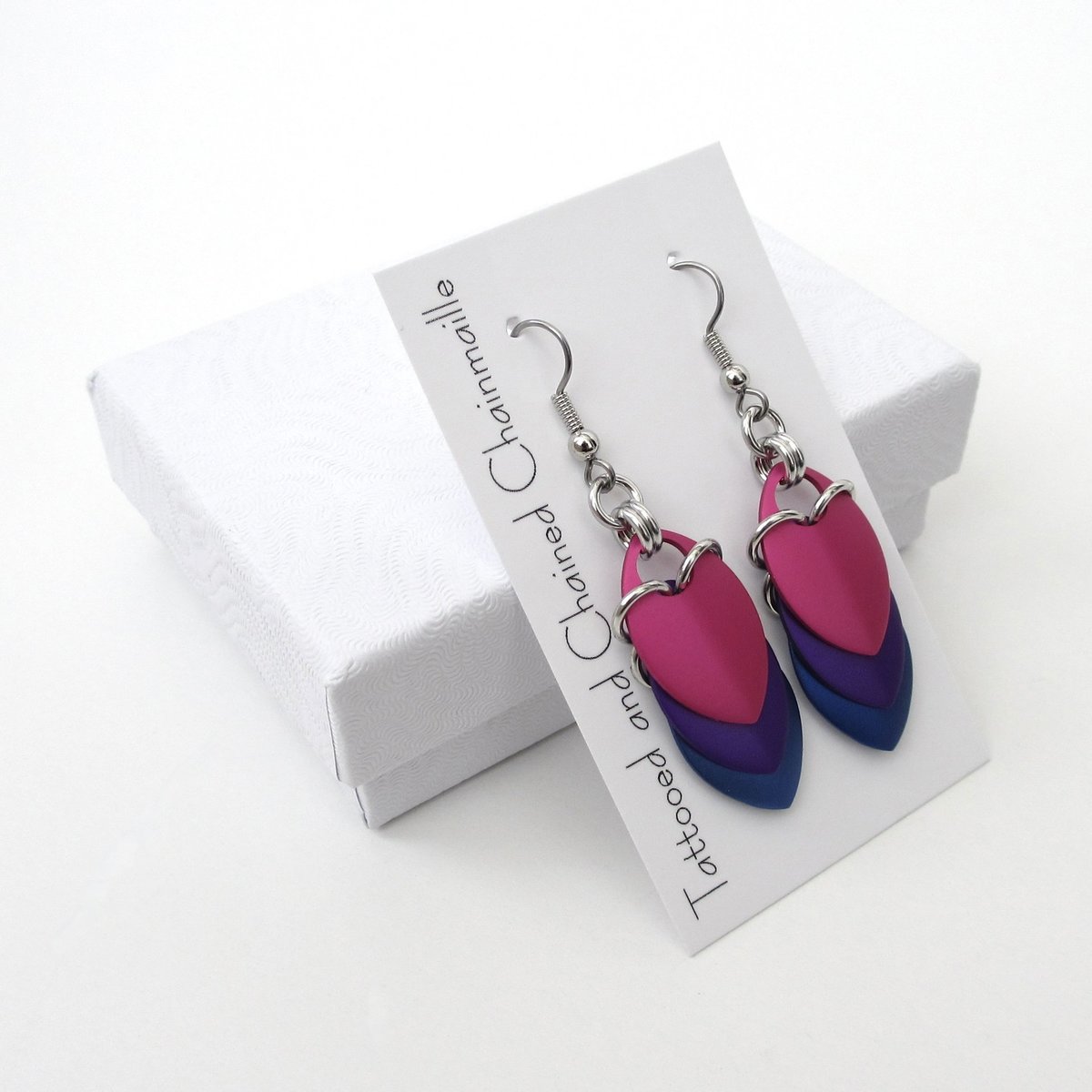 Bisexual pride earrings, bi pride jewelry, chainmail scales earrings; pink purple blue