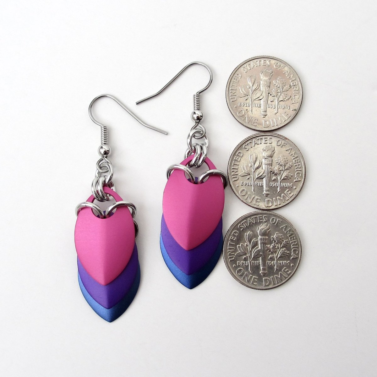 Bisexual pride earrings, bi pride jewelry, chainmail scales earrings; pink purple blue