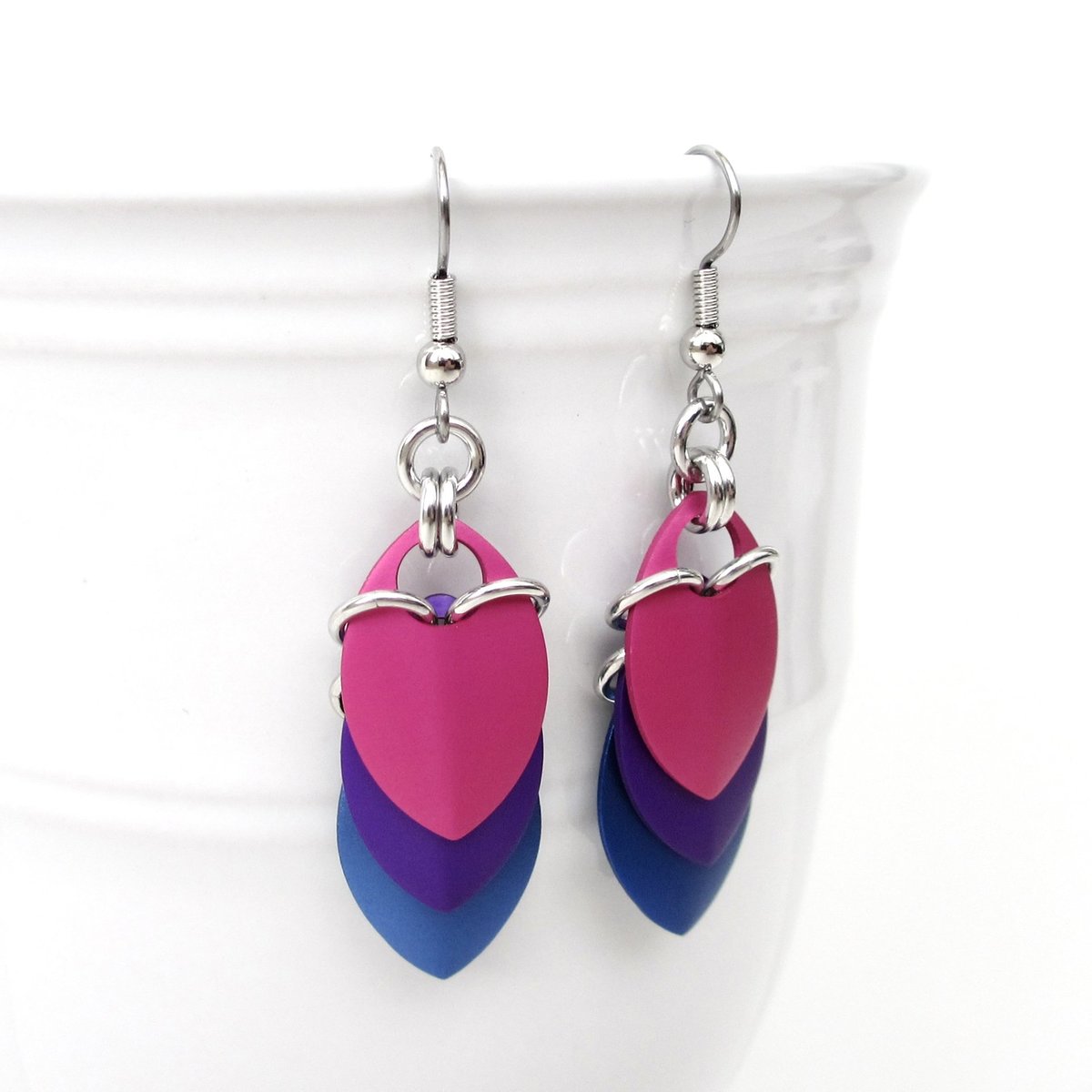 Bisexual pride earrings, bi pride jewelry, chainmail scales earrings; pink purple blue