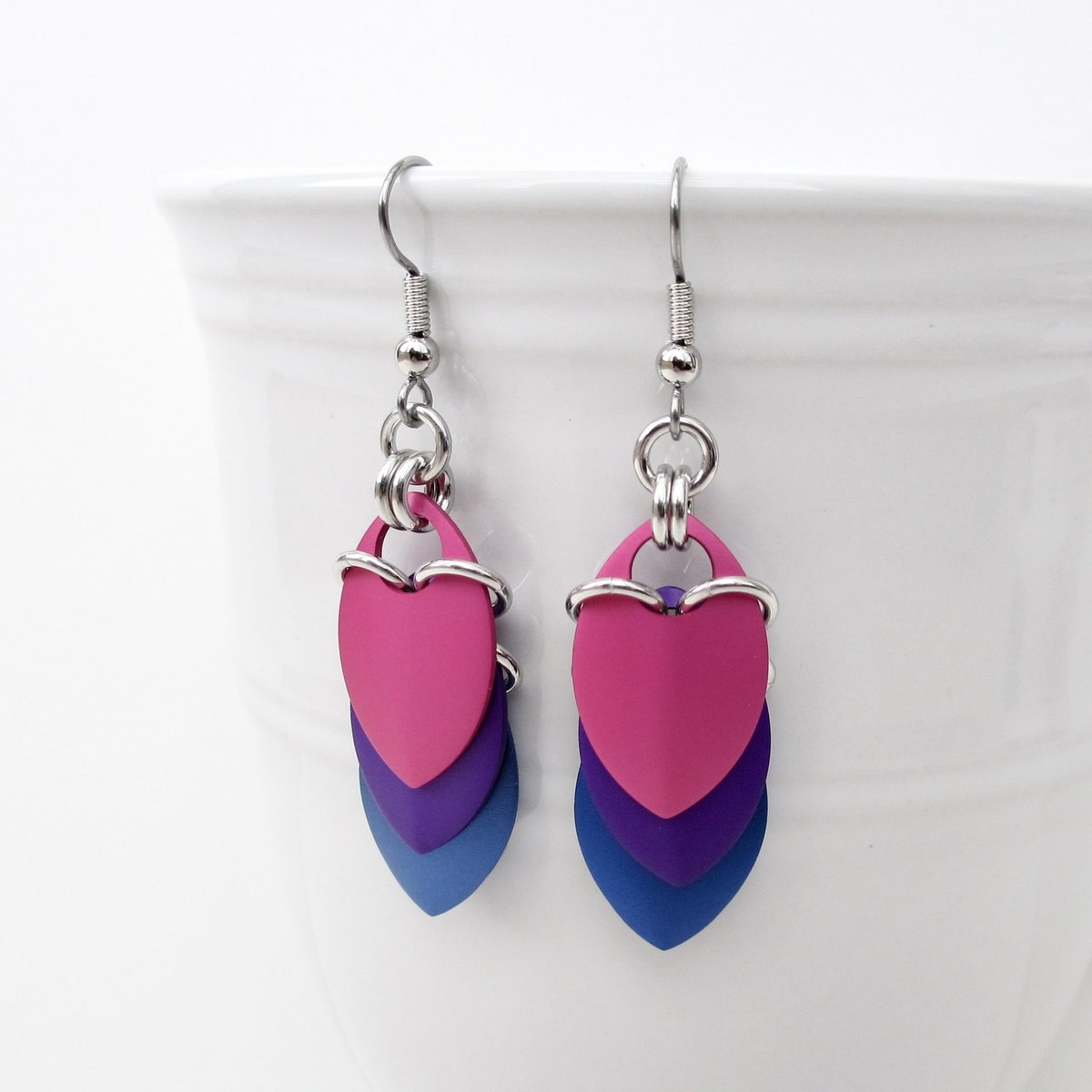 Bisexual pride earrings, bi pride jewelry, chainmail scales earrings; pink purple blue