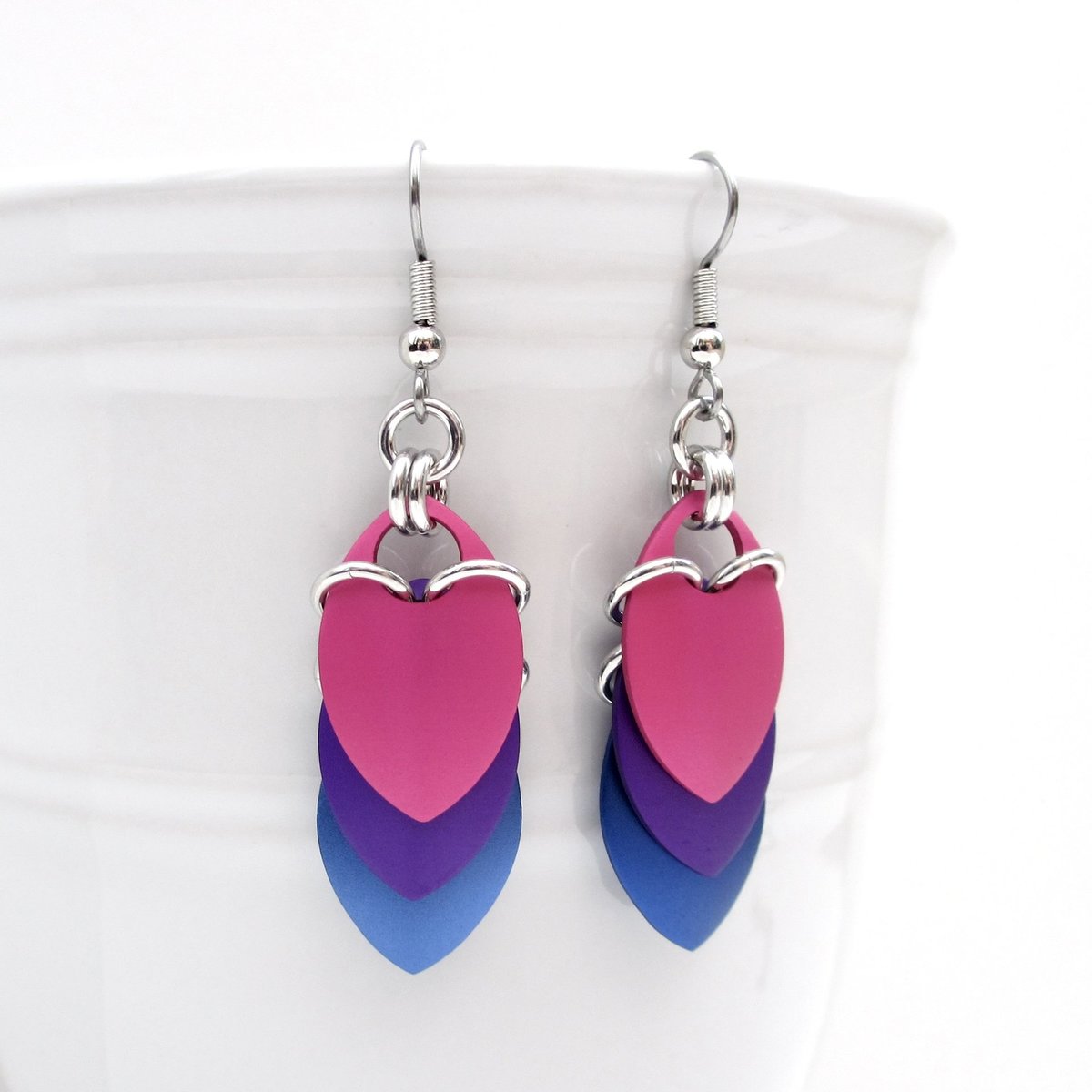 Bisexual pride earrings, bi pride jewelry, chainmail scales earrings; pink purple blue