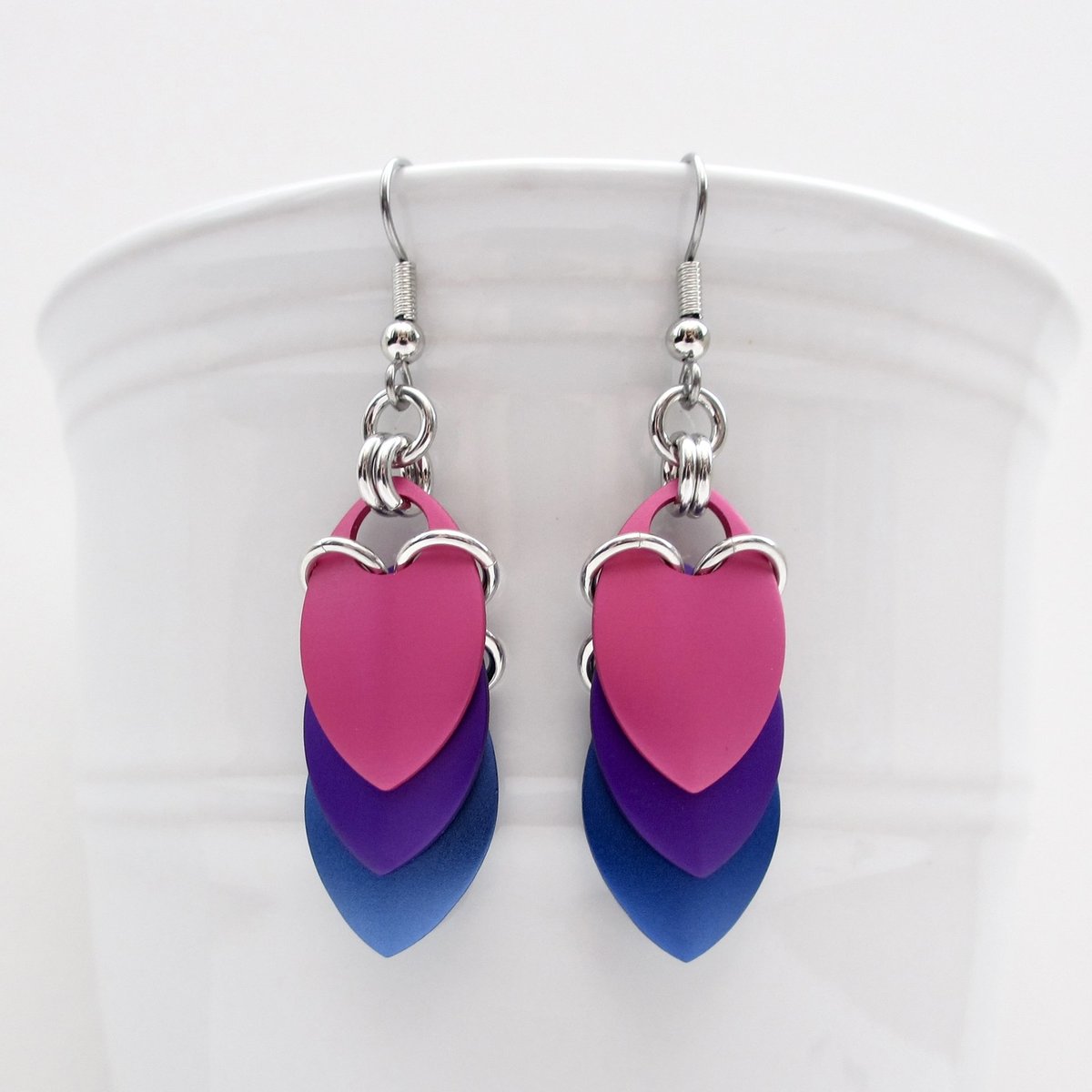 Bisexual pride earrings, bi pride jewelry, chainmail scales earrings; pink purple blue