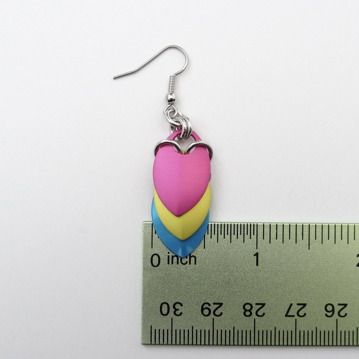 Pansexual pride earrings, pan pride jewelry, chainmail scales earrings; pink, yellow, light blue