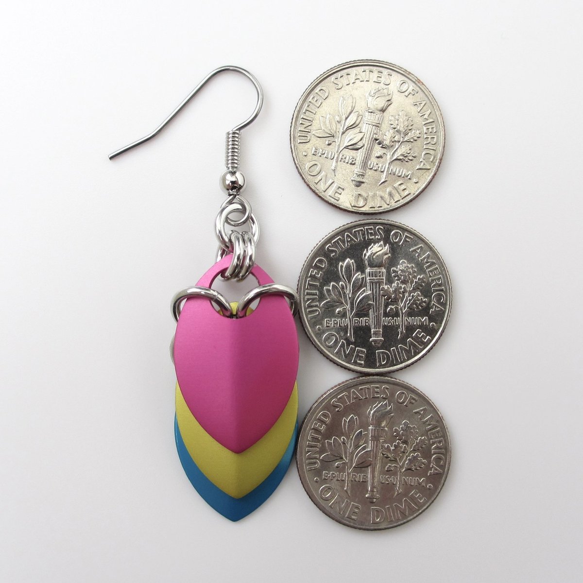 Pansexual pride earrings, pan pride jewelry, chainmail scales earrings; pink, yellow, light blue