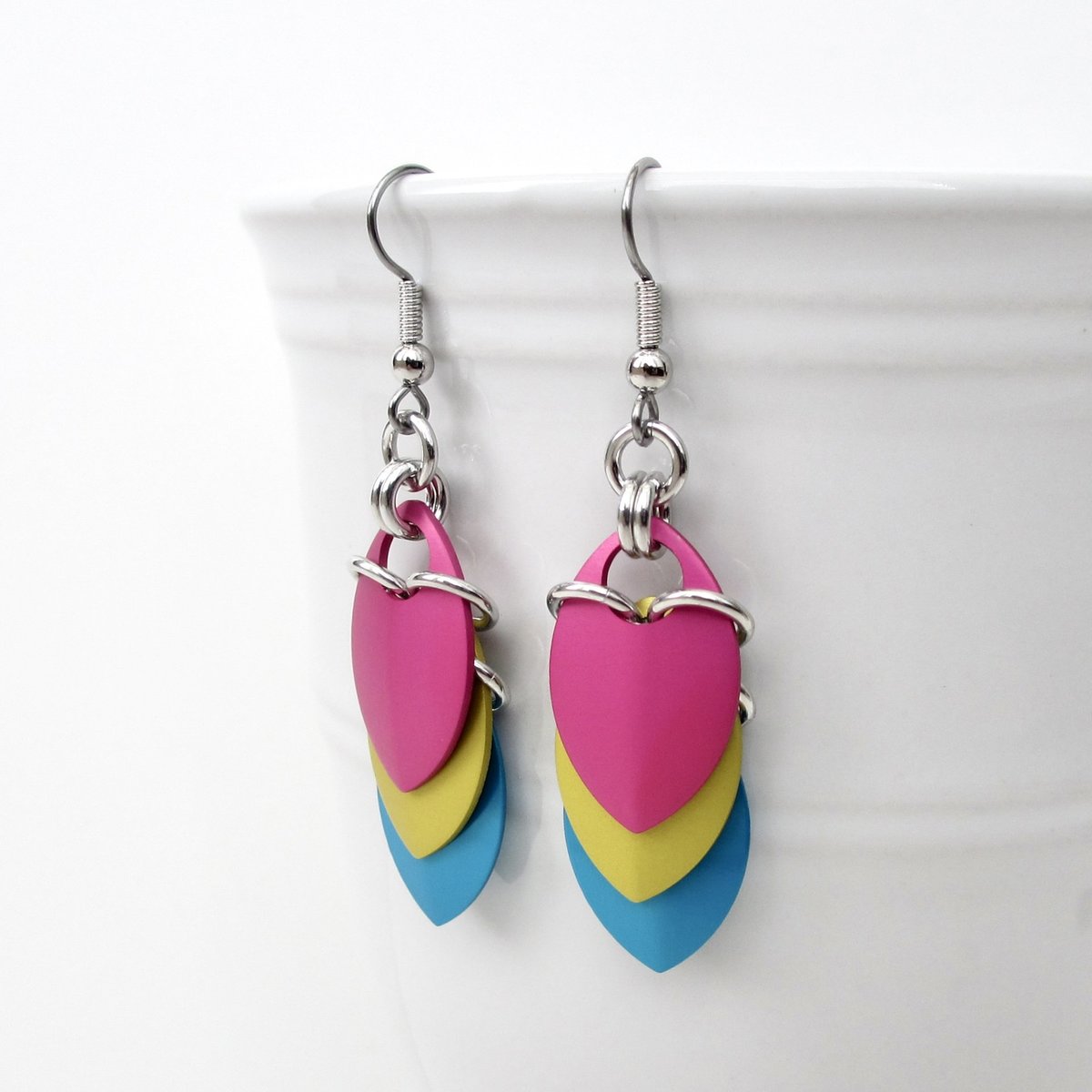 Pansexual pride earrings, pan pride jewelry, chainmail scales earrings; pink, yellow, light blue