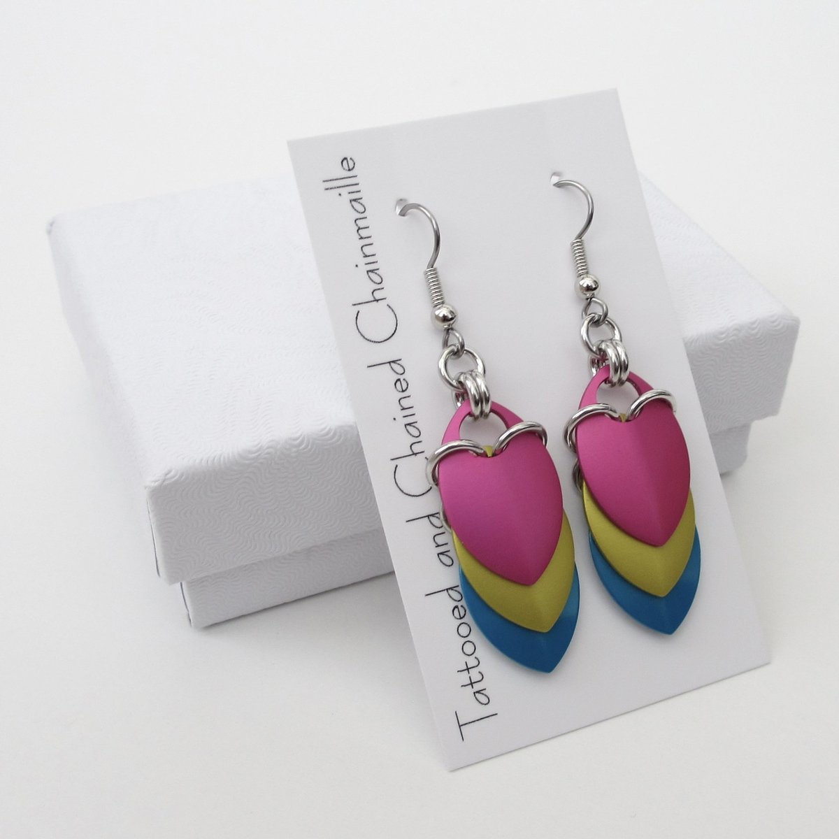 Pansexual pride earrings, pan pride jewelry, chainmail scales earrings; pink, yellow, light blue