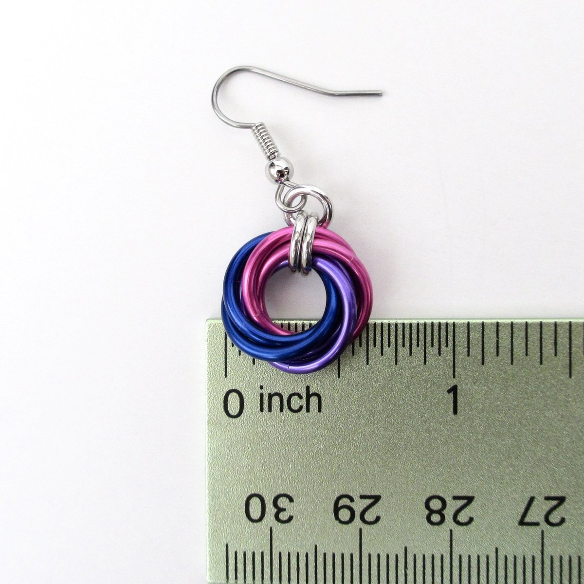 Bisexual pride earrings, love knot chainmail earrings, bi pride jewelry; pink, purple, blue