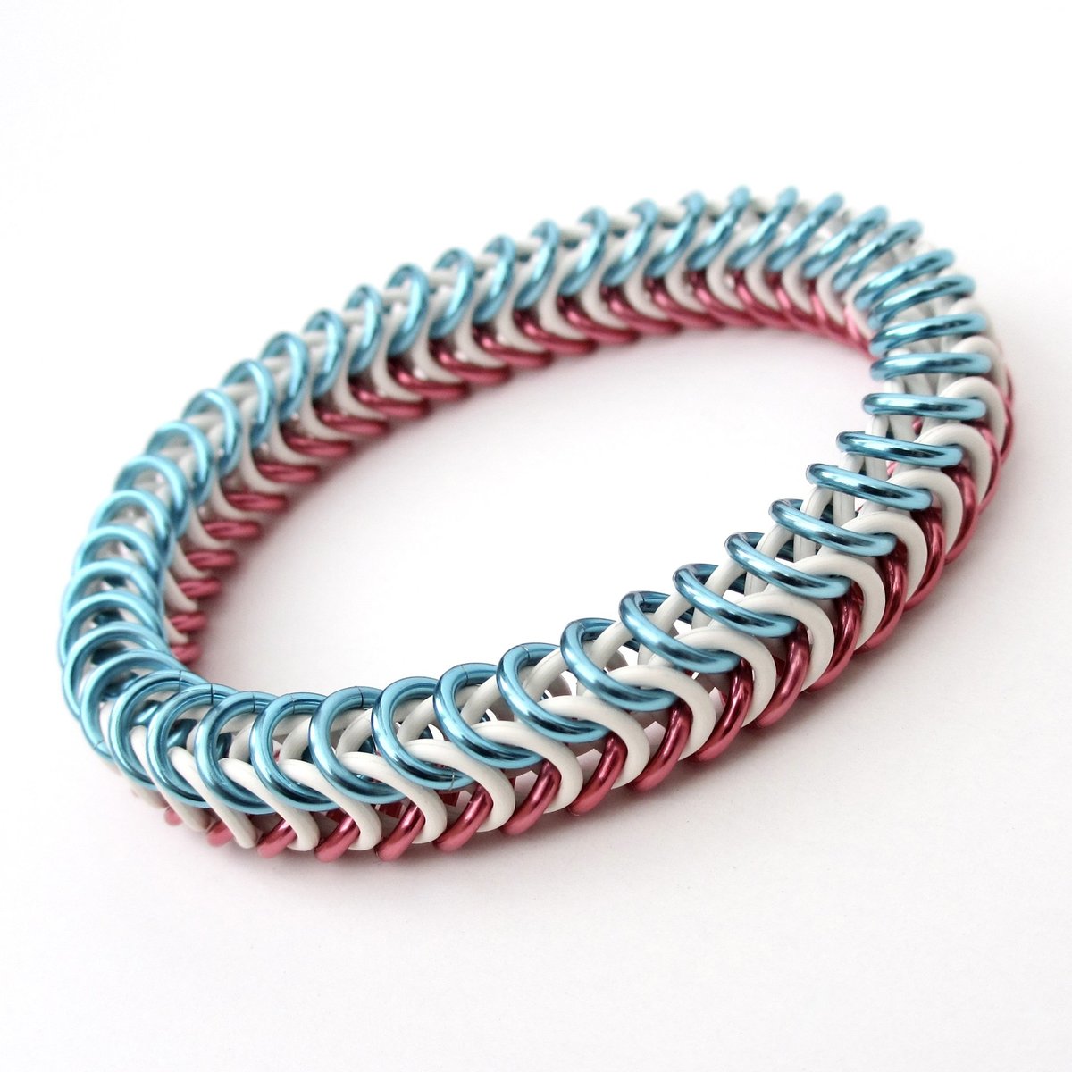 Transgender pride bracelet, stretchy box chain chainmail bracelet, trans pride jewelry, pink, white, light blue rubber bracelet