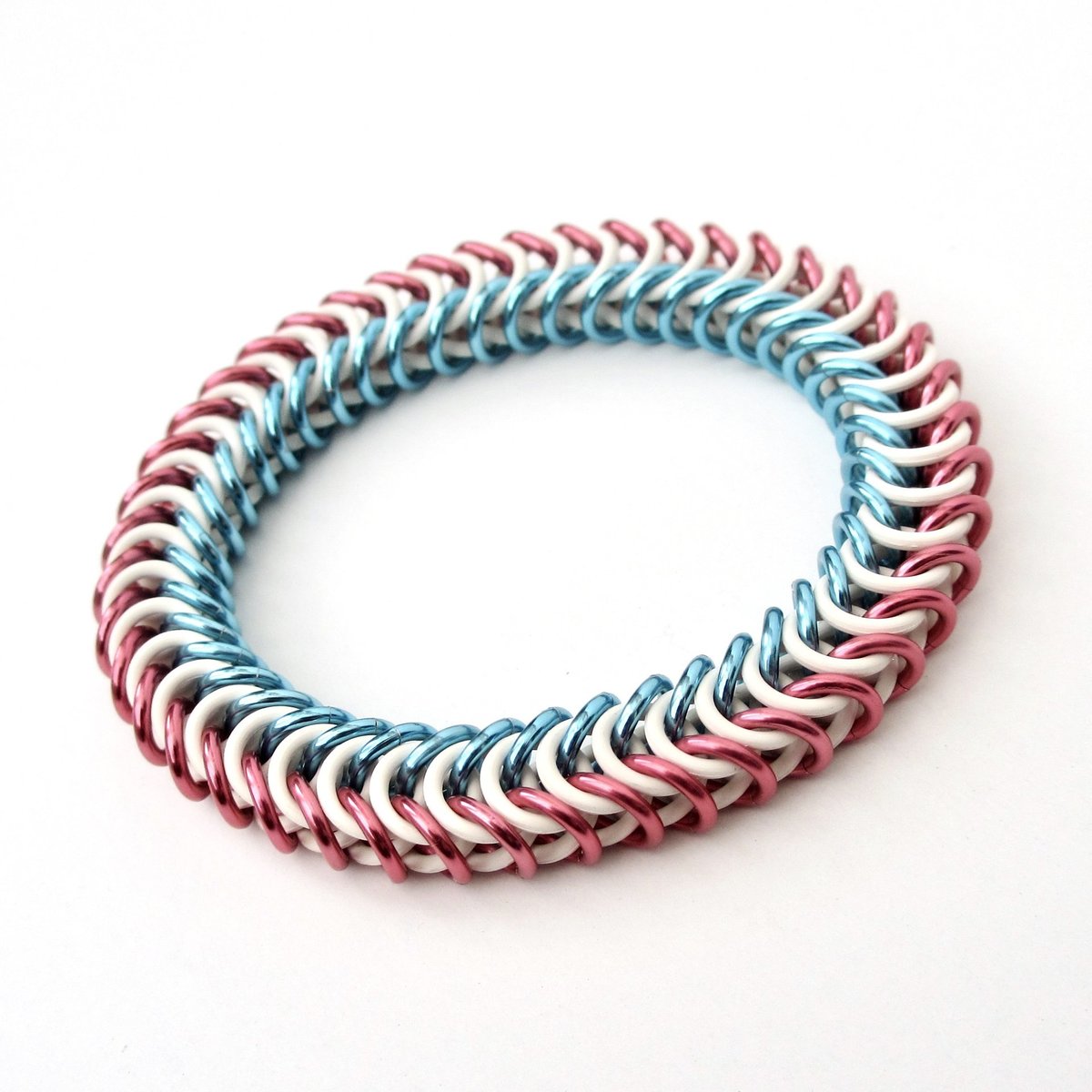 Transgender pride bracelet, stretchy box chain chainmail bracelet, trans pride jewelry, pink, white, light blue rubber bracelet