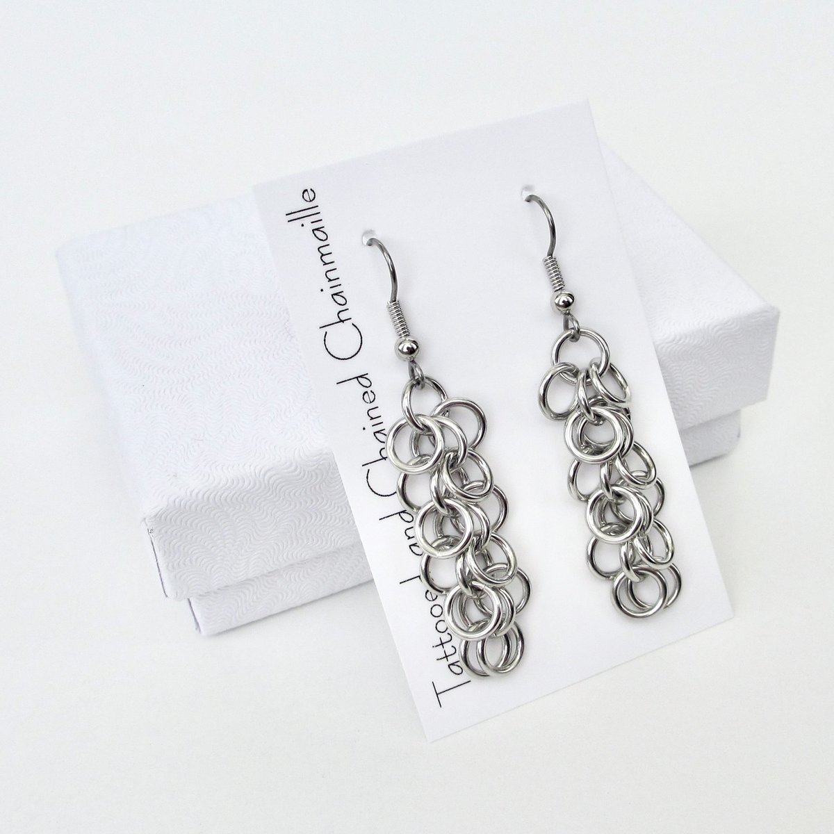Silver aluminum chainmaille earrings, Shaggy Loops weave