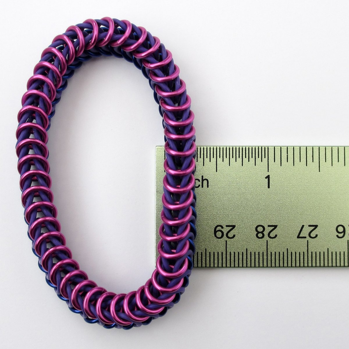 Bi pride chainmaille bracelet, stretchy box chain, bisexual jewelry; pink, purple, and blue