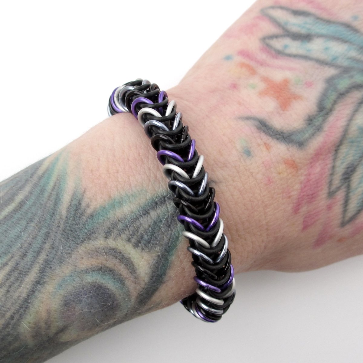 Asexual pride bracelet, chainmail stretchy bracelet, ace pride jewelry, black gray white purple