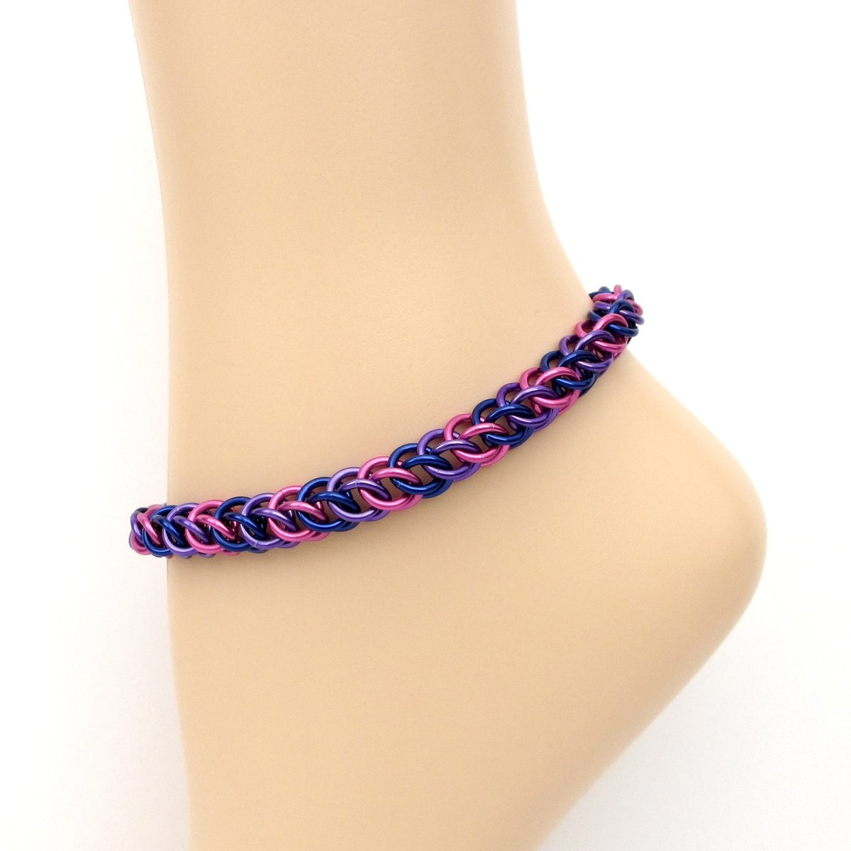 Bi pride anklet, chainmail half Persian 3 in 1 weave, bisexual jewelry, pink purple blue