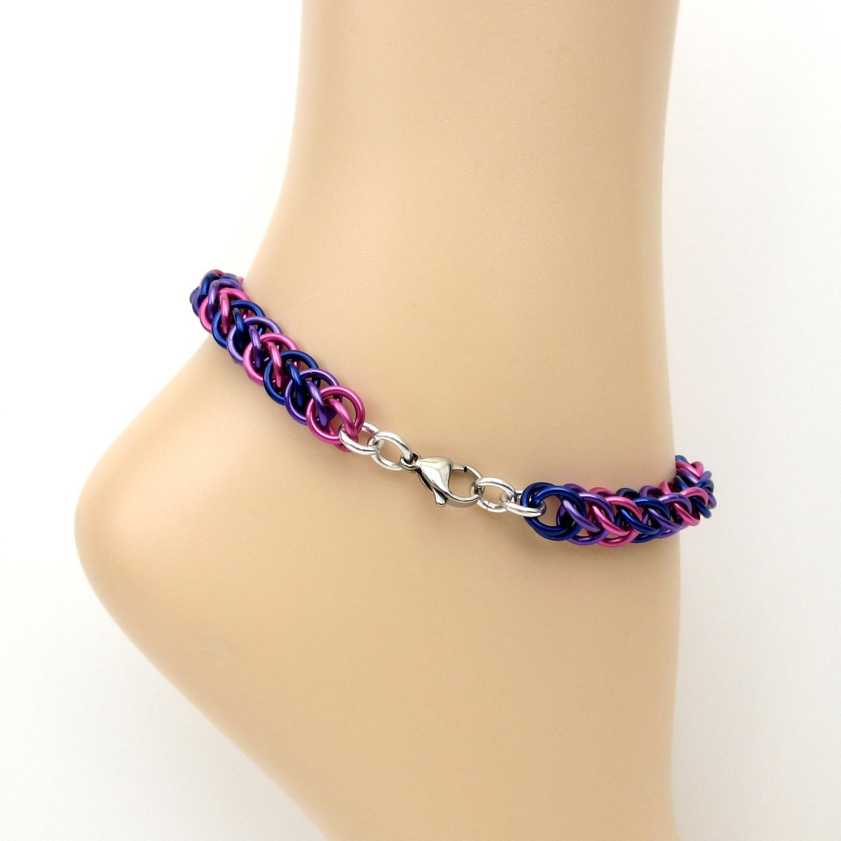 Bi pride anklet, chainmail half Persian 3 in 1 weave, bisexual jewelry, pink purple blue