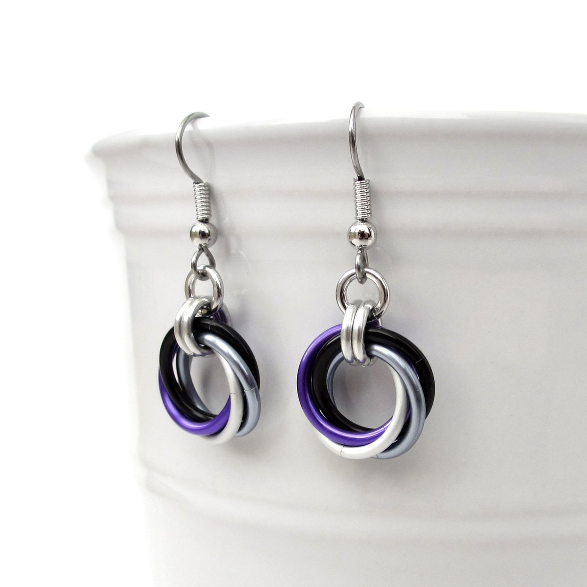 Asexual pride earrings, ace pride jewelry, chainmail love knot earrings; black gray white purple