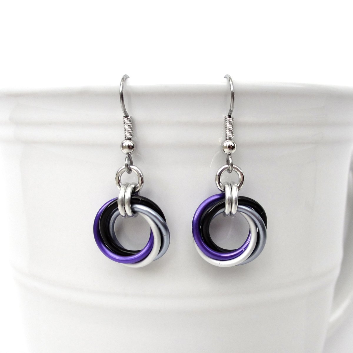 Asexual pride earrings, ace pride jewelry, chainmail love knot earrings; black gray white purple