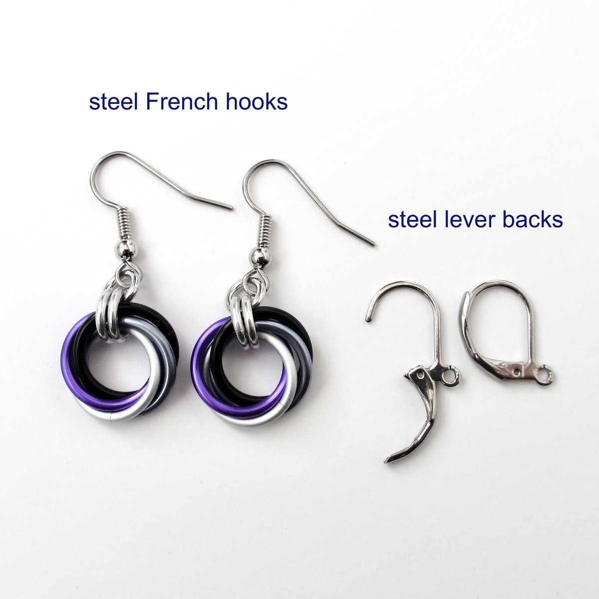 Asexual pride earrings, ace pride jewelry, chainmail love knot earrings; black gray white purple