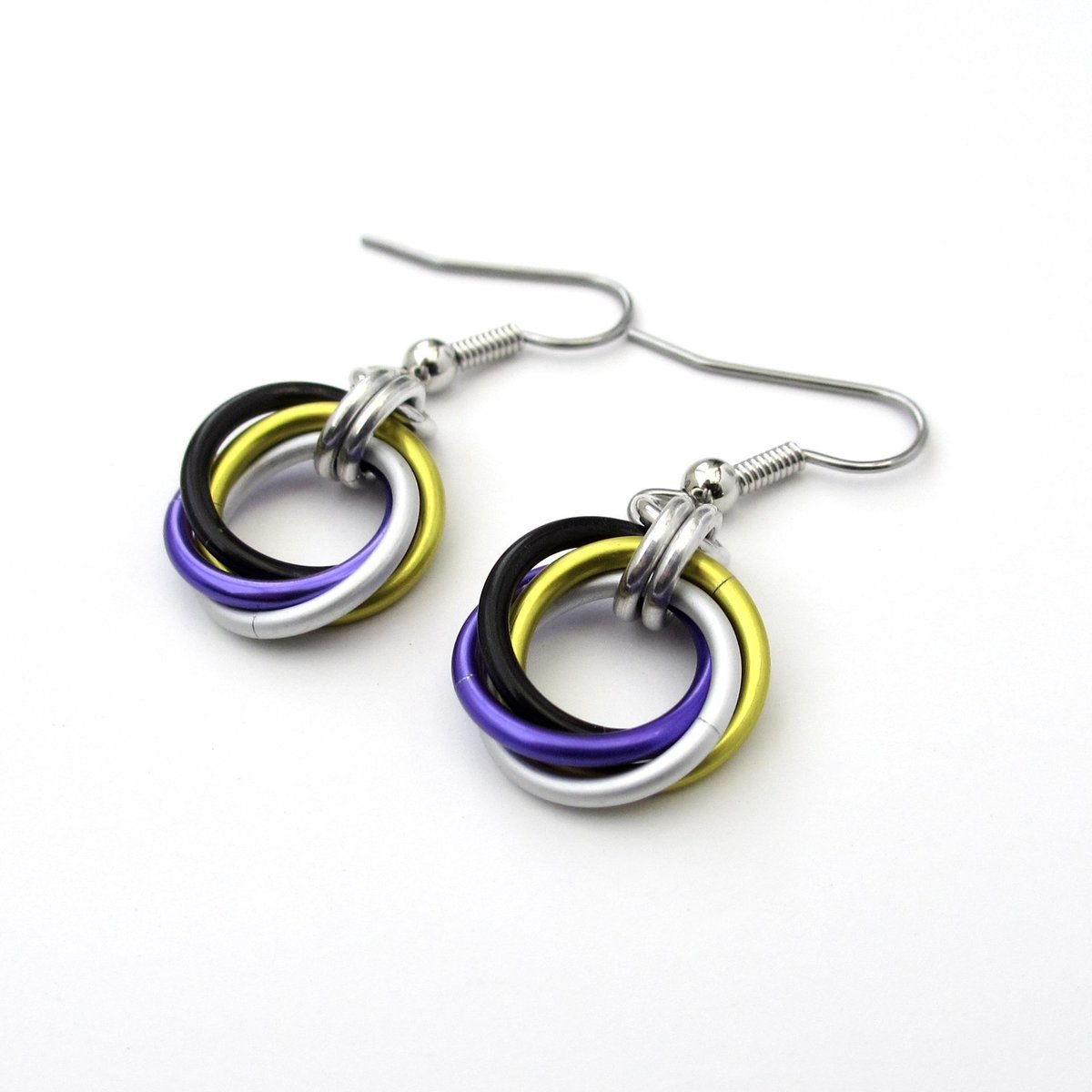 Nonbinary pride earrings, chainmail love knot earrings; yellow white purple black