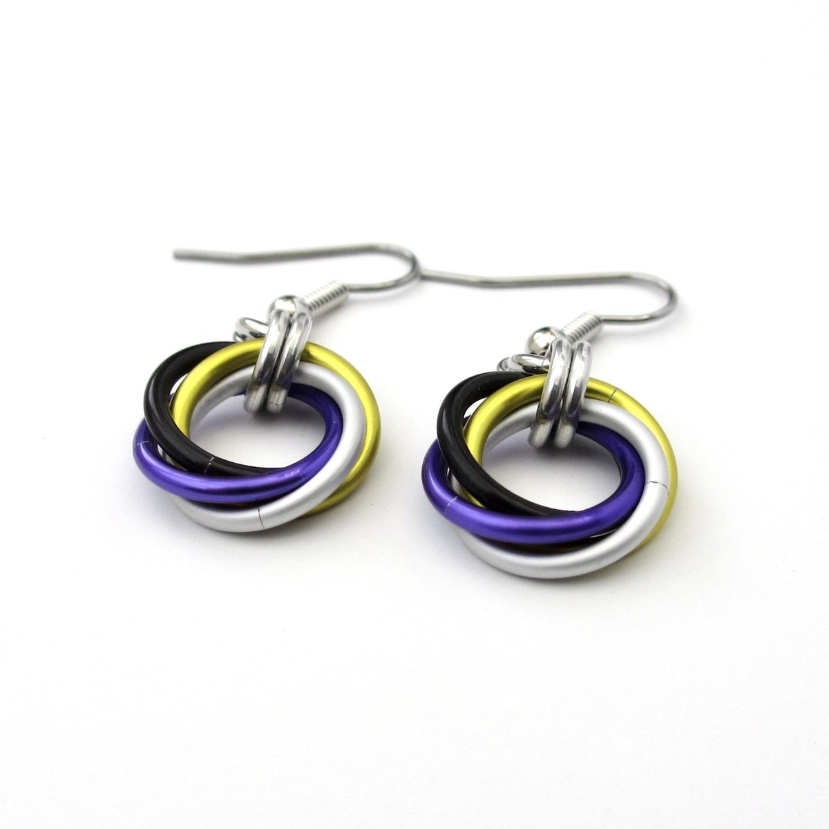 Nonbinary pride earrings, chainmail love knot earrings; yellow white purple black