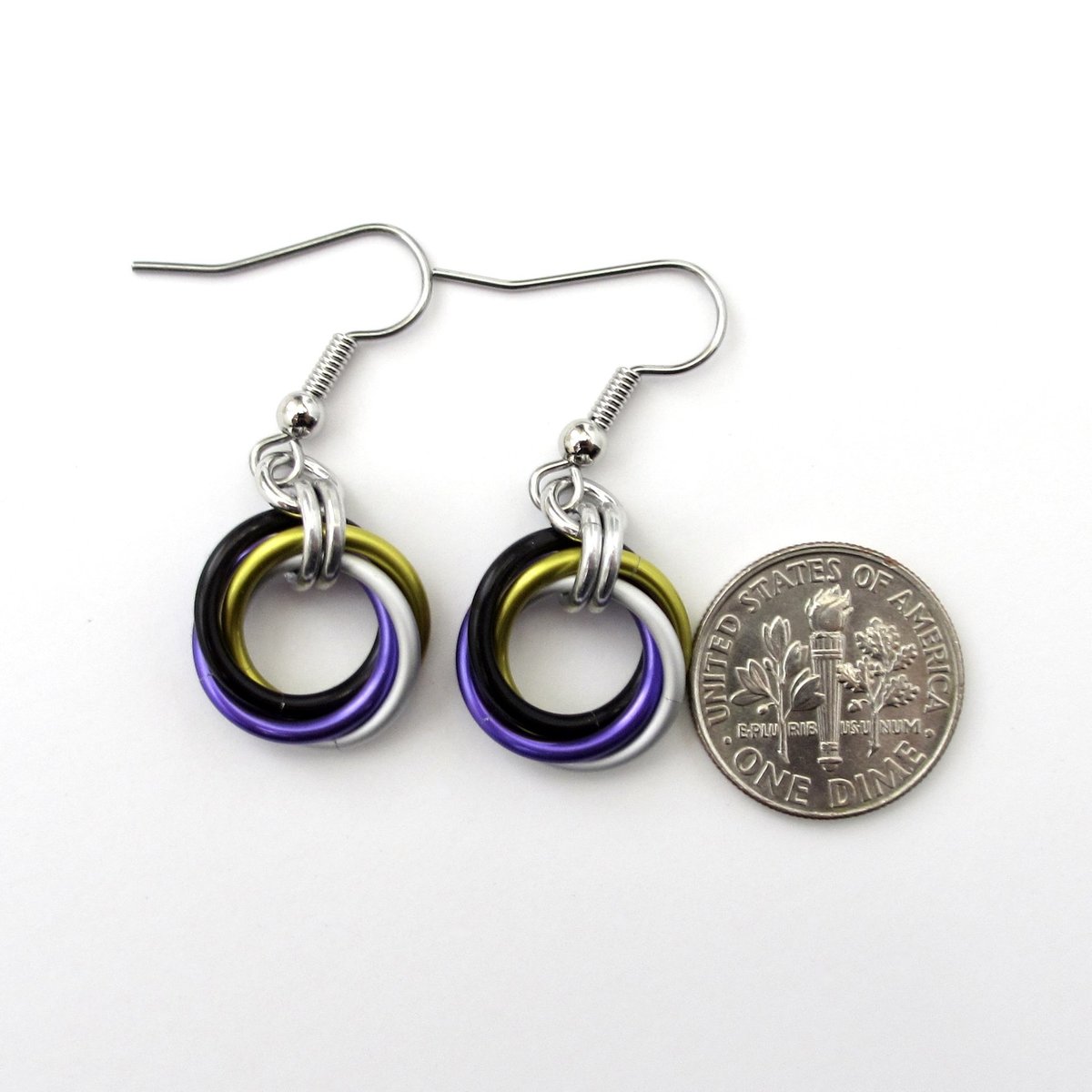 Nonbinary pride earrings, chainmail love knot earrings; yellow white purple black