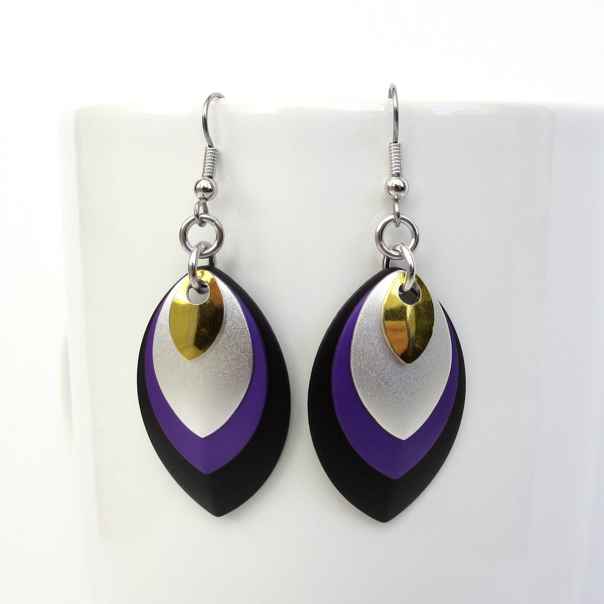 Nonbinary pride earrings, chainmail scales earrings; yellow white purple black