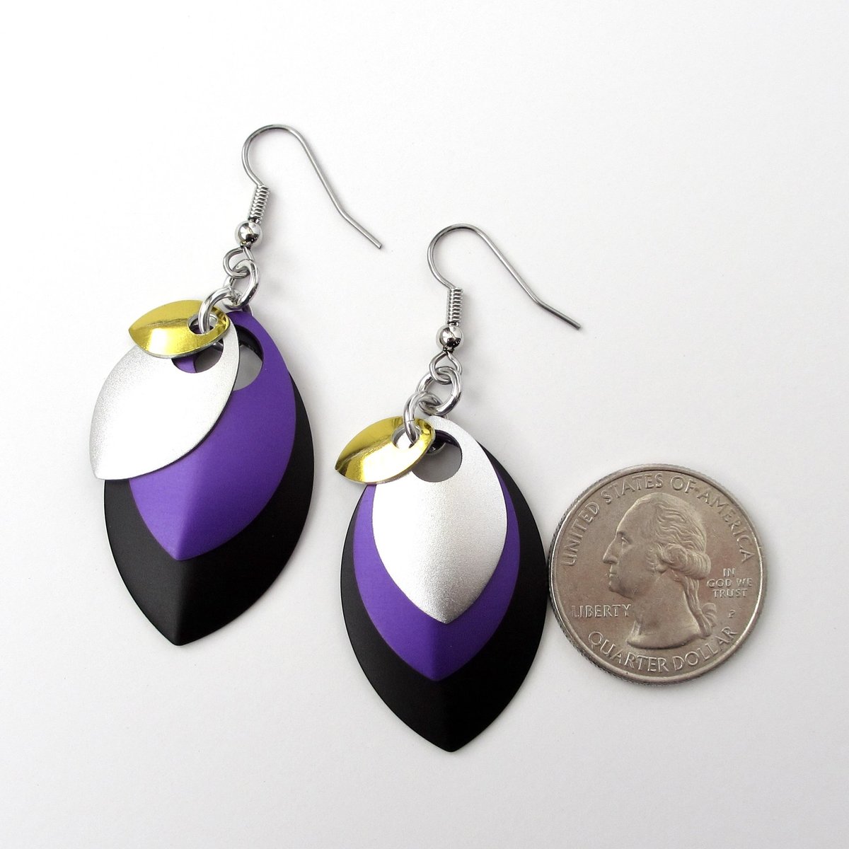 Nonbinary pride earrings, chainmail scales earrings; yellow white purple black