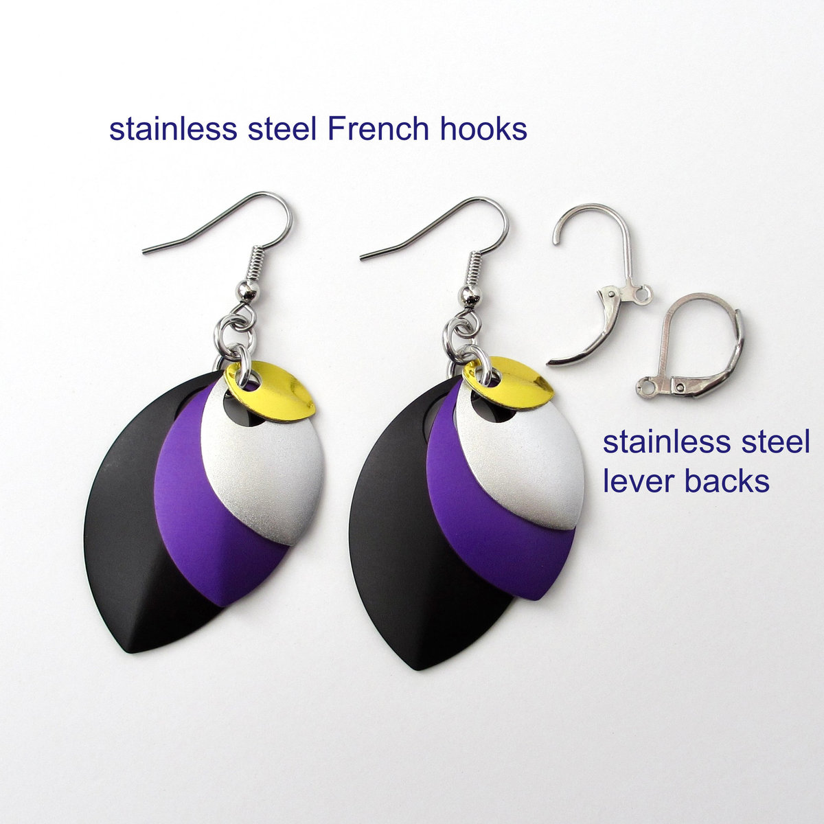 Nonbinary pride earrings, chainmail scales earrings; yellow white purple black