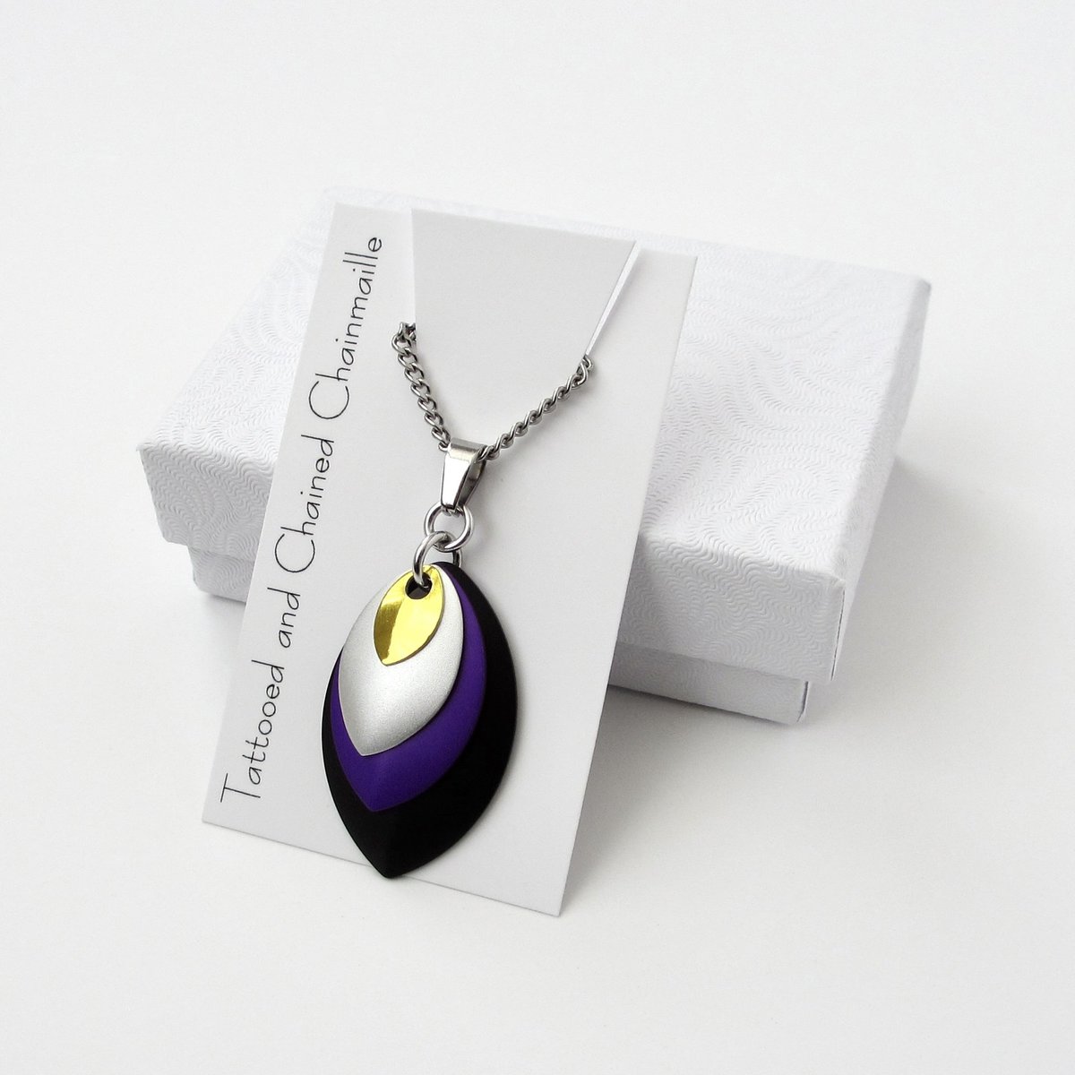 Nonbinary pride pendant, chainmail scale pride jewelry, yellow white purple black